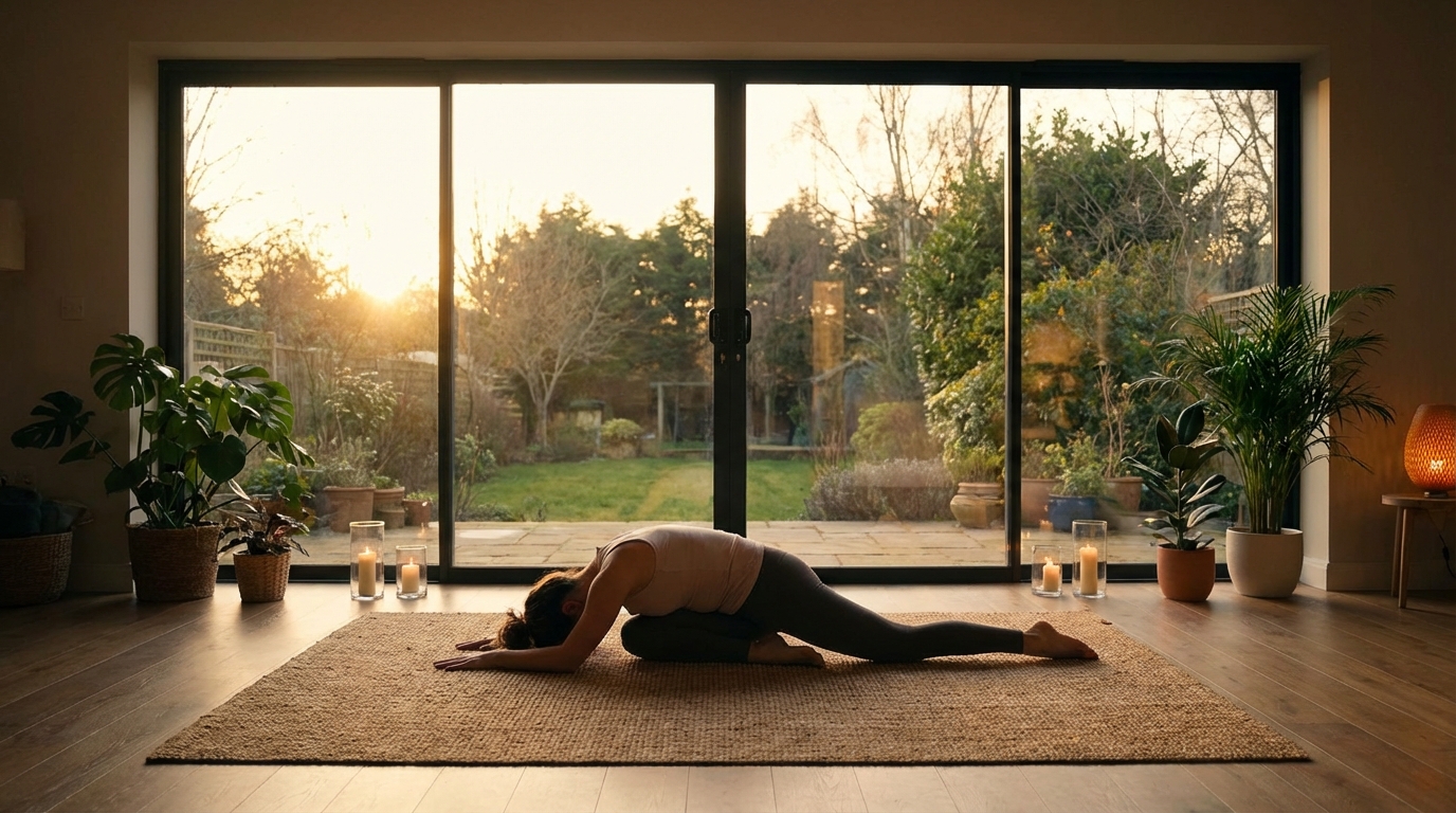 Aula de yoga terapêutica com luz natural suave