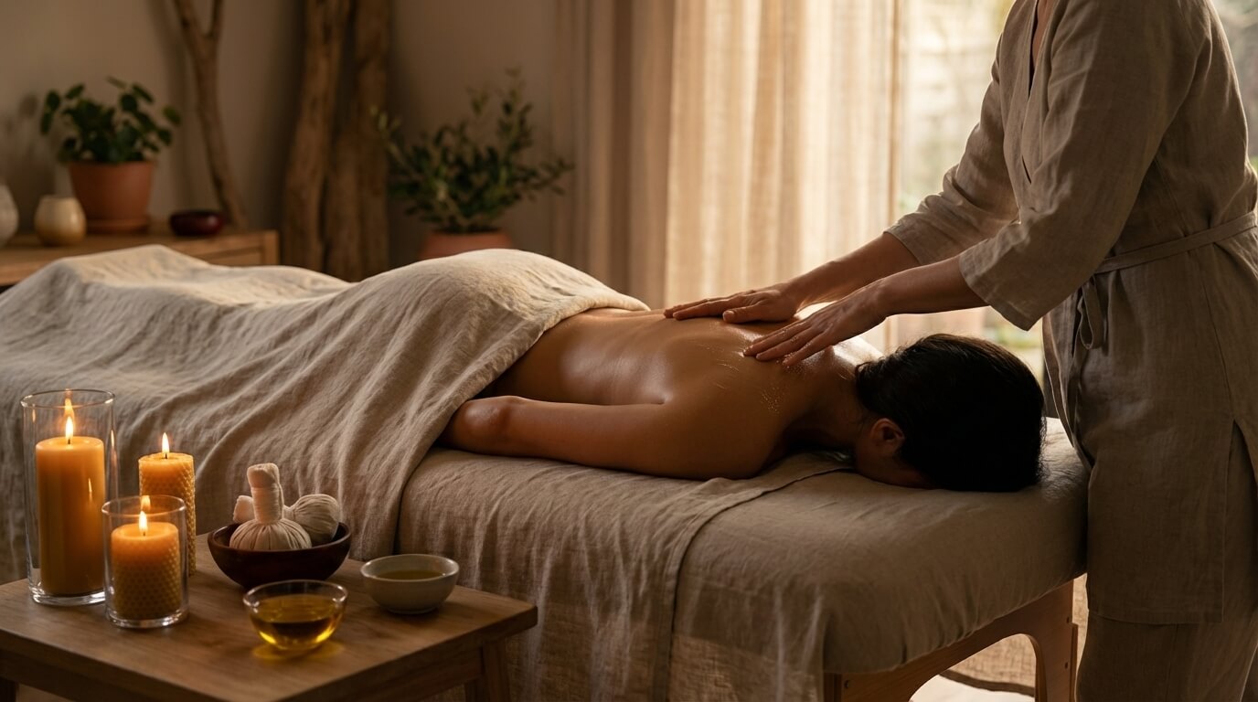 Massagem terapêutica ayurvédica em ambiente confortável