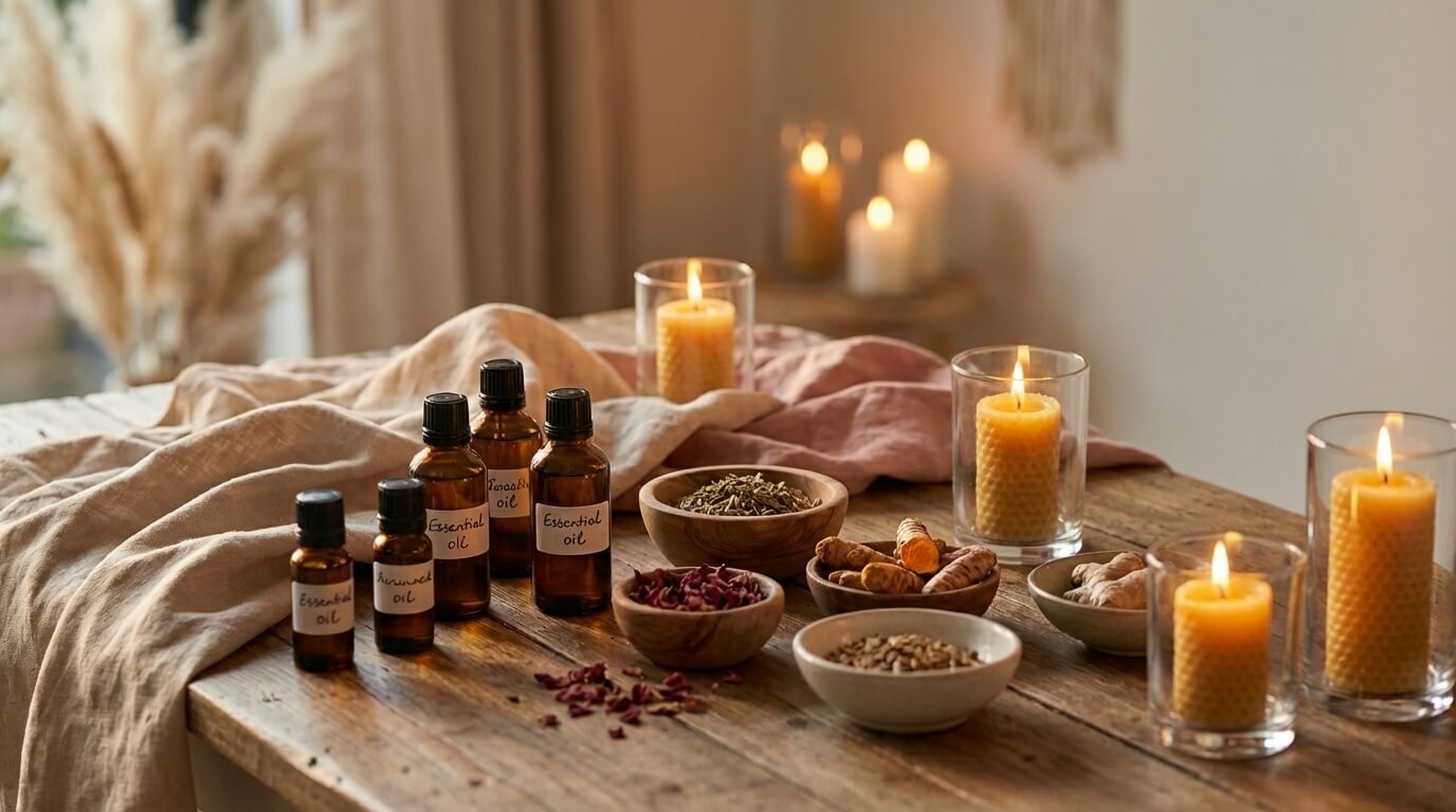Sessão terapêutica ayurvédica com velas e ervas