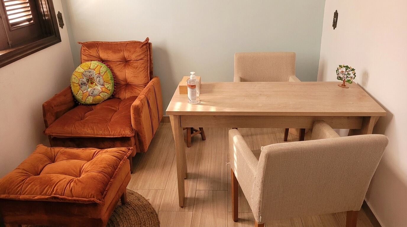 Espaço de atendimento acolhedor com poltronas e mesa