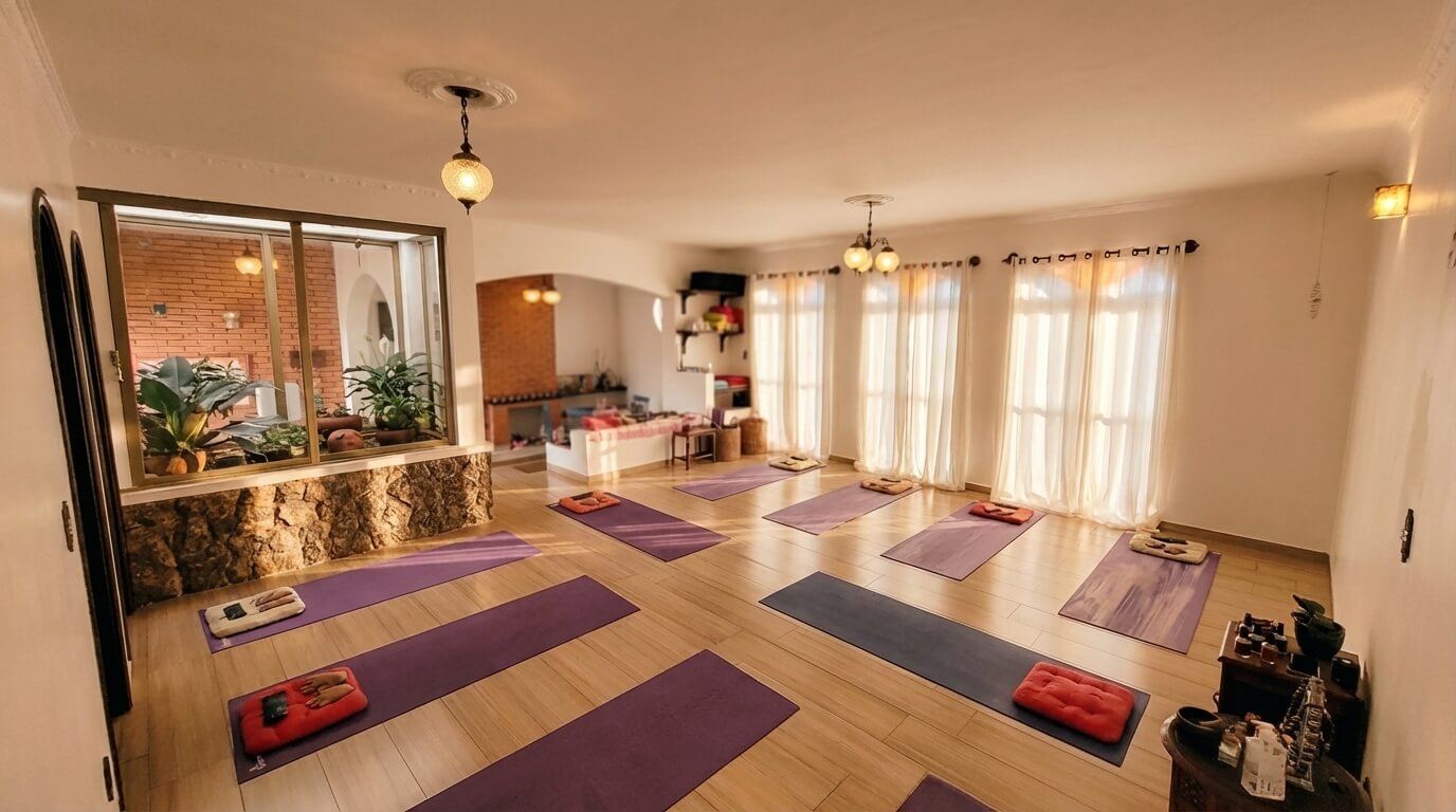 Sala de prática de yoga organizada para aula